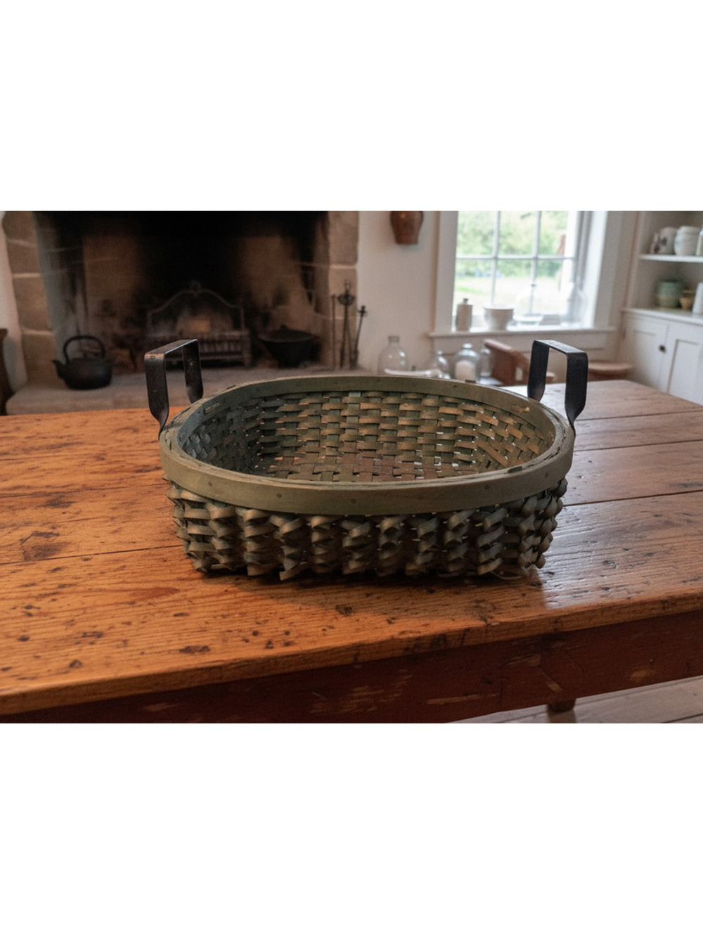 Vintage Splint-Weave Olive Green Rustic Wooden Basket w/ Metal Side Handles 12"